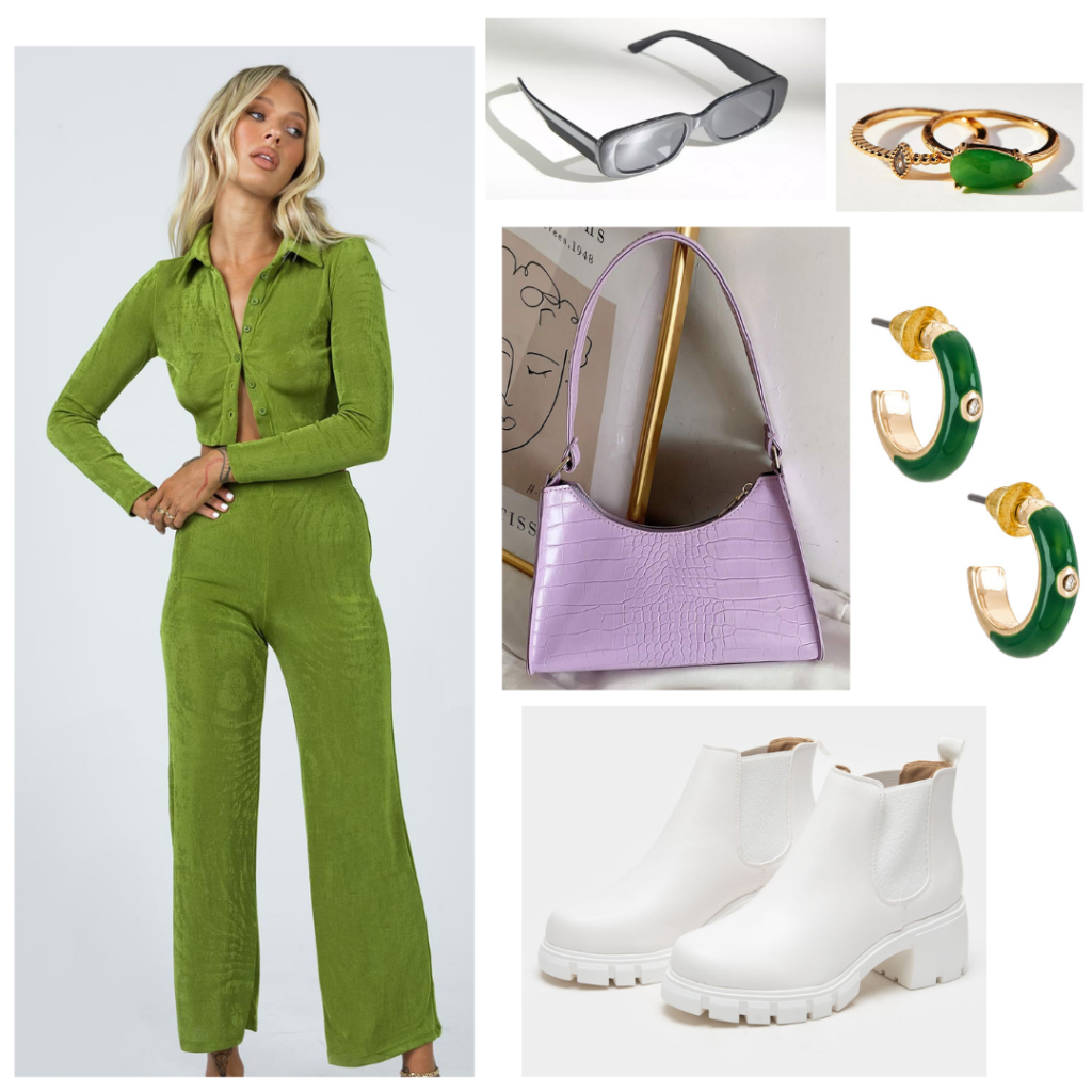 New York City Look 9 - green coordinated long sleeve blouse and high waisted pants, lavender crocodile purse, gold acrylic hoop earrings, rectangular black sunglasses