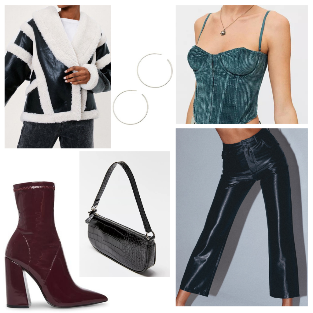 NYC outfits 10 - blue corset top, cropped faux leather pants, black bomber jacket with white shearing details, black crocodile shoulder bag, brown chunky heeled patent booties