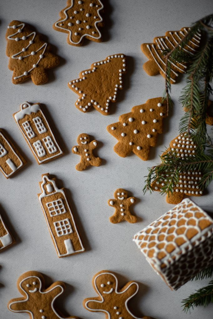 flat lay of iced gingerbread cookies