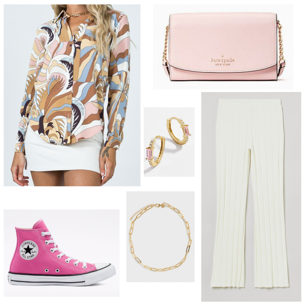 New York City Look 6 - vintage print blouse, white ribbed pants, pink converse, gold chain necklace, gold hoop earrings, pink kate spade shoulder bag