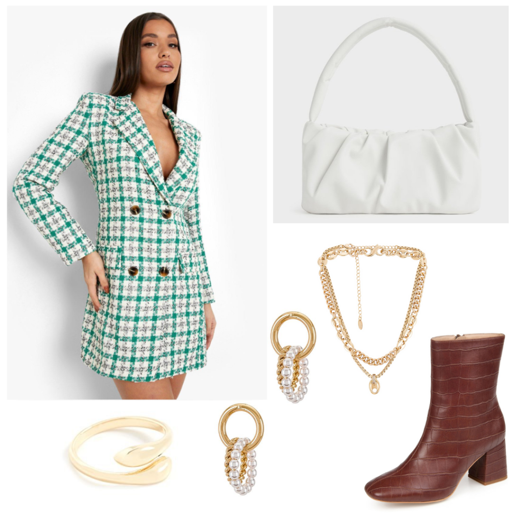 NYC outfits 3 - green and white plaid blazer dress, white pillow shoulder bag, brown crocdile booties, gold wraparound ring, gold earrings with pearl detailing, layered gold necklace