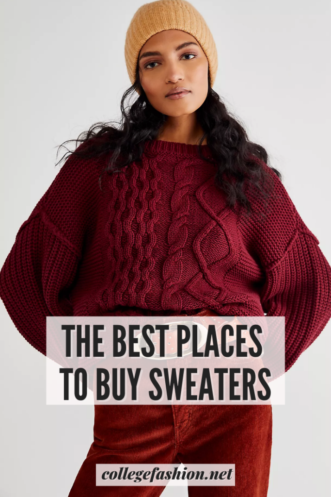 Best Places to Buy Sweaters header graphic with text on a photo of a woman in a burgundy sweater