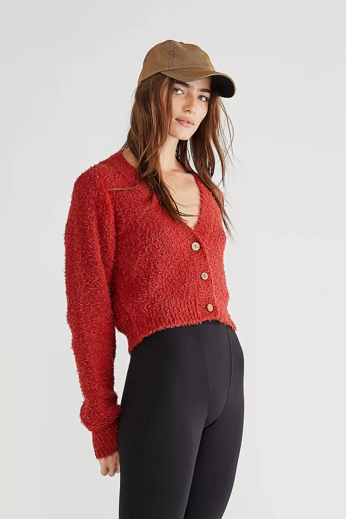 Fluffy red cropped cardigan sweater