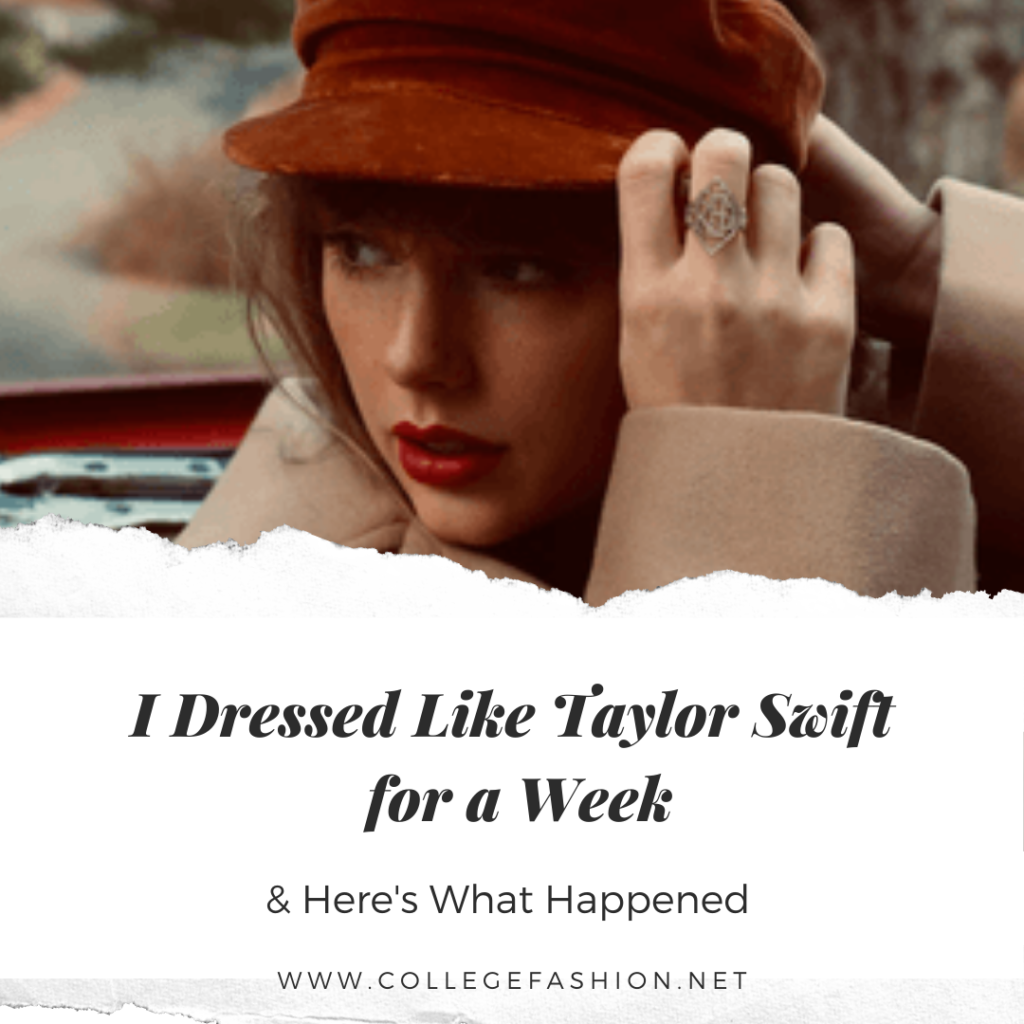 Header graphic with a photo of Taylor Swift in a convertible with a rust hat and camel coat on