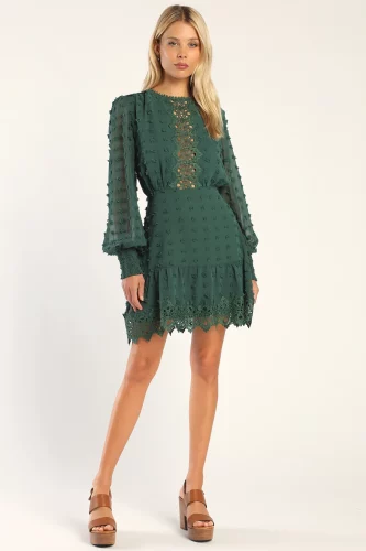 Lust or Love Emerald Green Embroidered Lace Long Sleeve Dress - cozy thanksgiving outfits