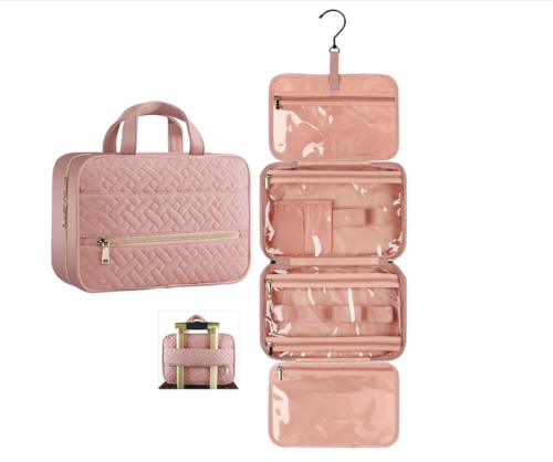 Hanging travel toiletry bag in blush - makeup organizer ideas