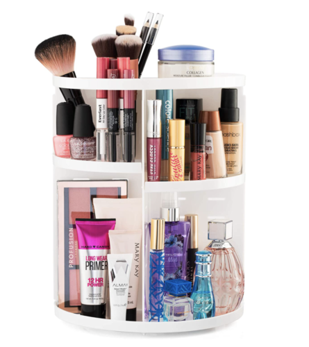 Lazy susan style white rotating makeup storage