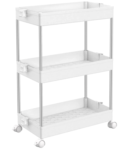 Rolling white and chrome makeup storage cart - makeup organizer ideas