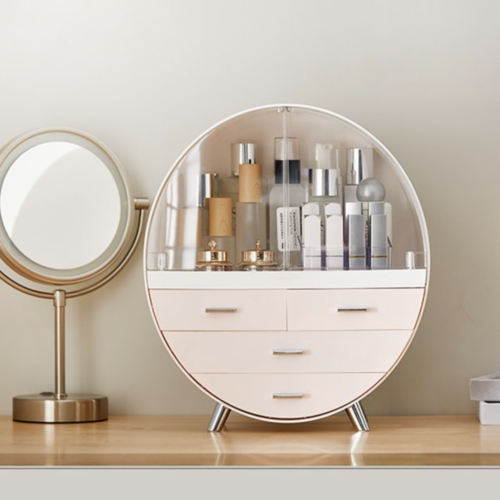 round makeup storage display box with pink drawers