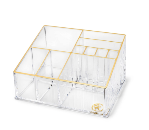 clear countertop makeup organizer with gold trim - makeup organizer ideas