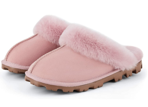 Pink slides with fluffy lining and lug soles - boots similar to Uggs
