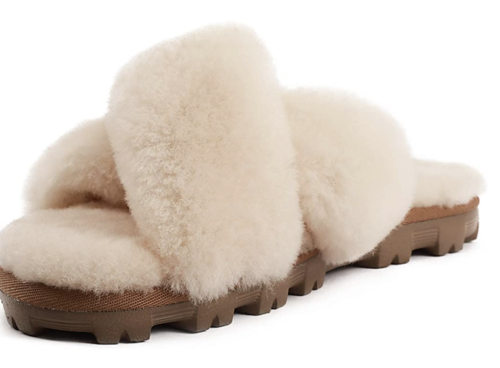 white fuzzy open toe slides with chunky lug sole