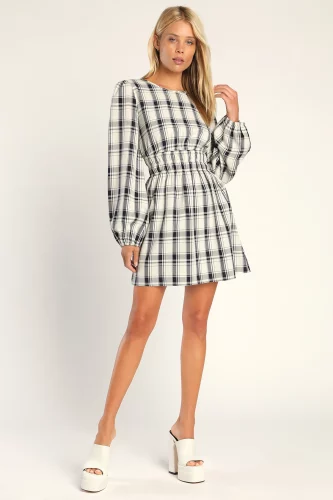 Tad of Plaid Ivory Plaid Balloon Sleeve Mini Dress - cozy thanksgiving outfits