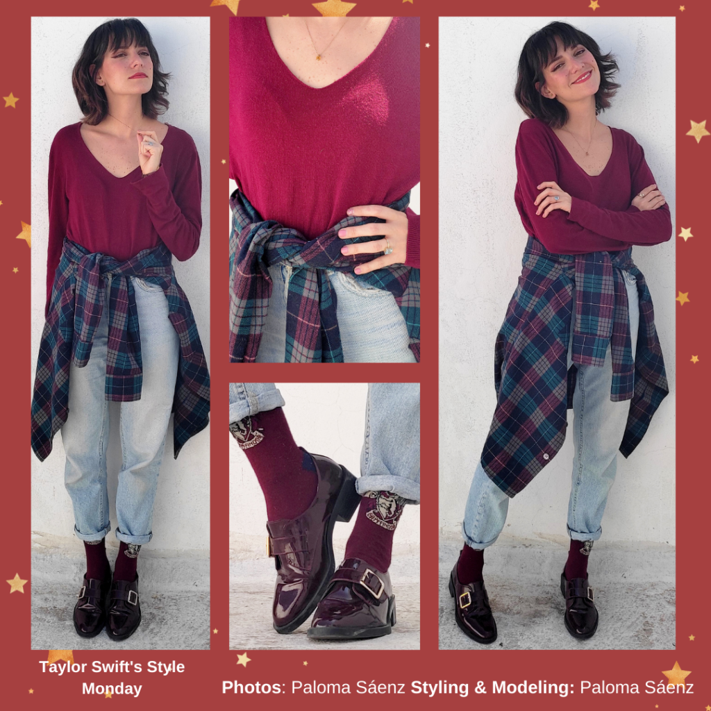 Photo of a model wearing a Taylor Swift inspired outfit: baggy light wash jeans, a burgundy v-neck sweater, a plaid flannel shirt, and loafers with socks 