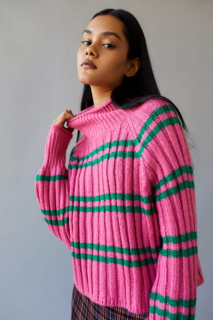 Pink and green stripe turtleneck sweater