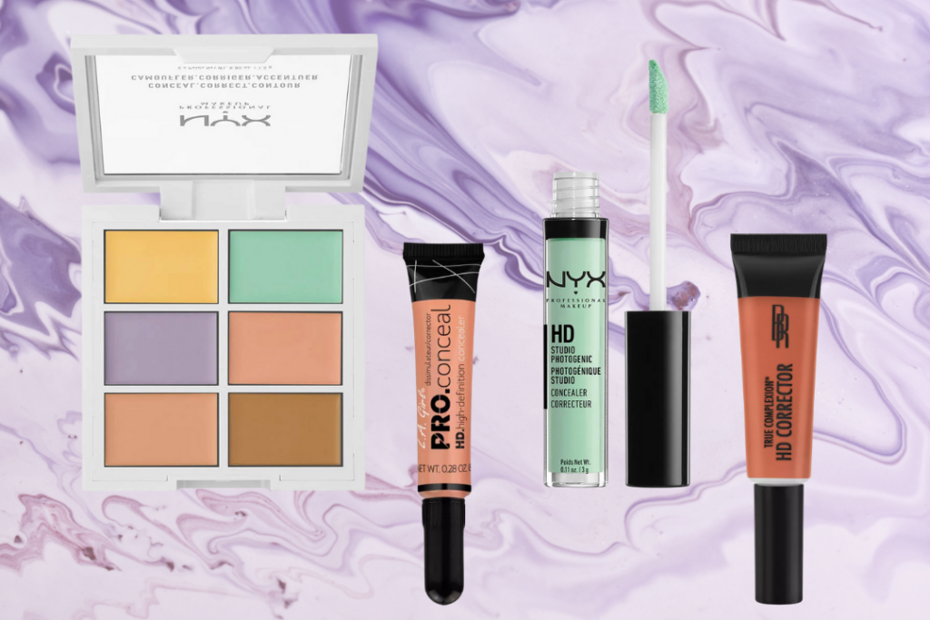 Graphic of the best drugstore color correctors in a row: NYX color correcting palette, LA Girl Pro Conceal, NYX HD Concealer, Black Radiance HD Corrector