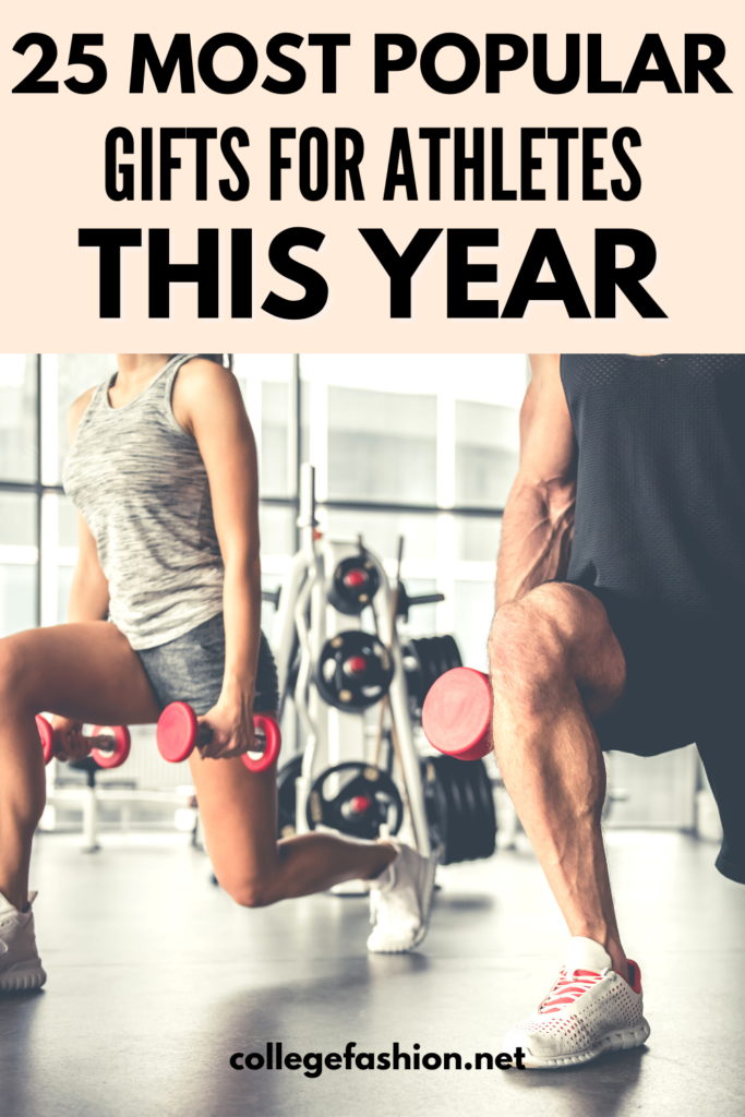 Header graphic with the text 25 Most Popular Gifts for Athletes This Year above a photo of a man and woman doing lunges with dumbbells in their hands
