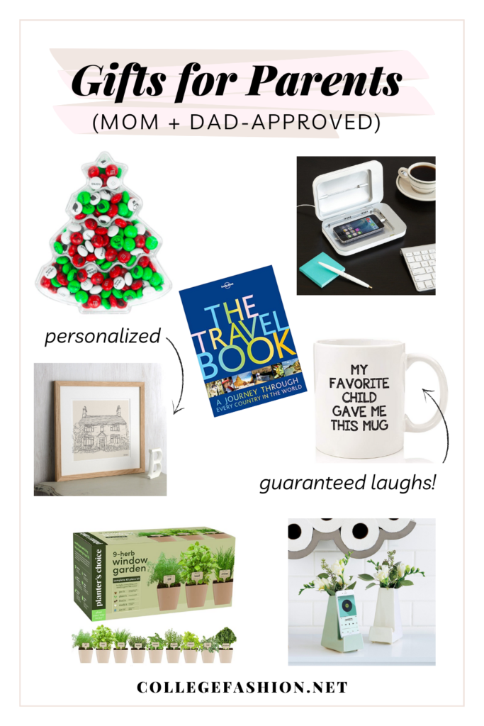 Roundup of gift ideas for parents: customized M&Ms, travel book, custom house portrait, UV phone sanitizer, a funny mug, herb window garden, smartphone holder vase