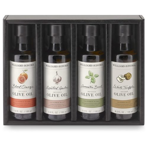 Gourmet Olive Oil Set with four olive oils - blood orange, roasted garlic, basil, and white truffle