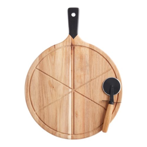 Pizza cutting board with indentations for six slices and matching pizza cutter