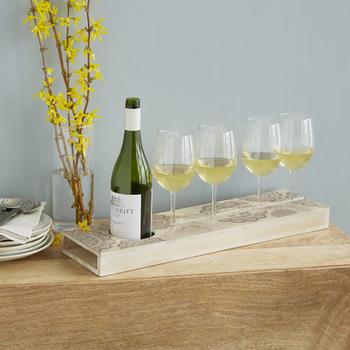 Personalized Wine Serving Tray that holds four glasses of wine and a bottle