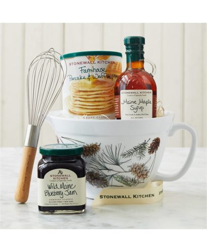 Maine Morning Batter Bowl Gift Set with mixing bowl, whisk, Maine blueberry jam, maple syrup, and pancake mix