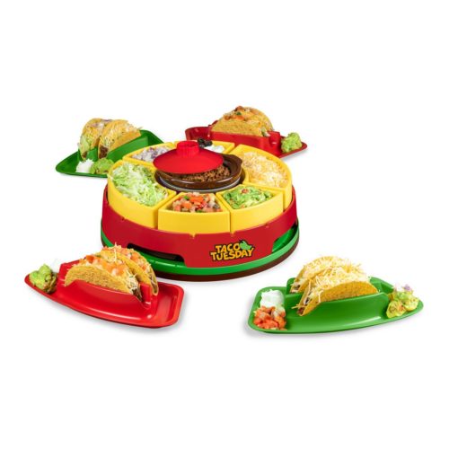 Lazy Susan Taco Bar with bowl that has 7 sections for toppings alongside four individual taco holders