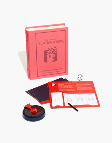 Scattegories Vintage Bookshelf Edition Game with a board game box shaped like a book