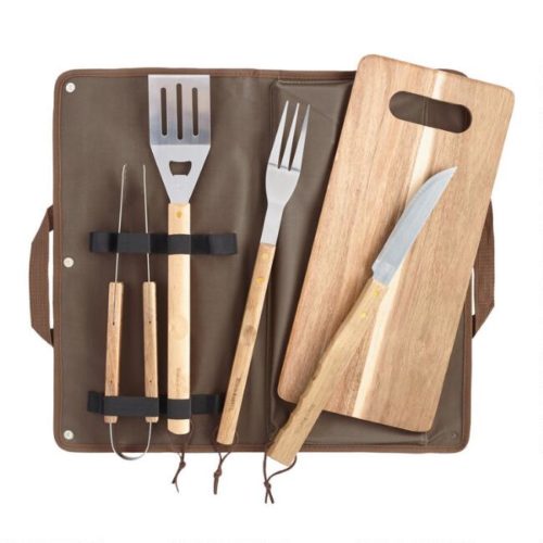 Barbecue Tool Set with tongs, spatula, knife, cutting board, and carrying case