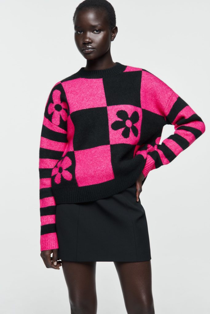 Black and hot pink checkerboard crew neck sweater from Zara