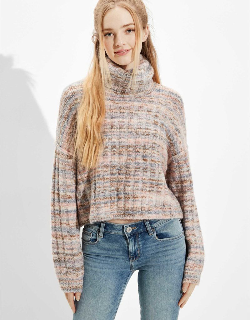 Boucle turtleneck sweater in light blue, pink, and red from American Eagle
