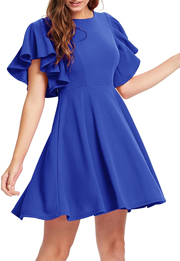 Amazon A Line Dress with ruffle sleeves in cobalt blue