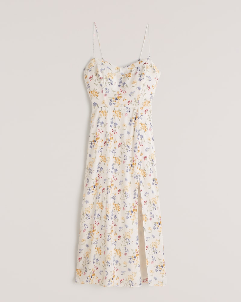 Abercrombie Midaxi Dress in white with red, blue and yellow flowers, leg slit and spaghetti straps
