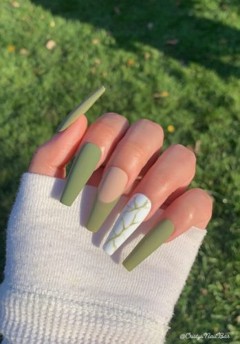 Olive green nail art manicure