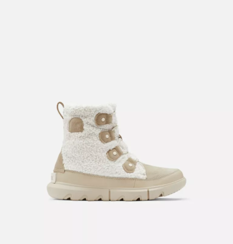 Side view of the Sorel Explorer Joan Cozy Boot in Beige