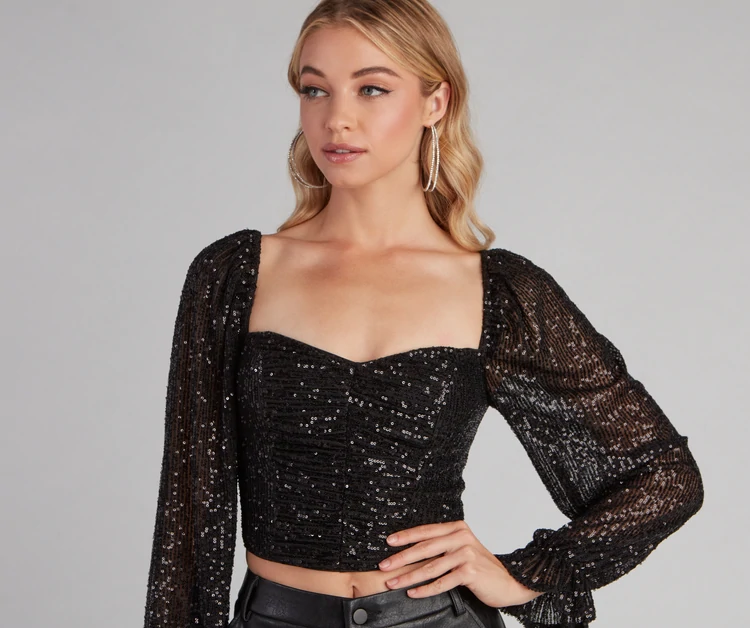 Long sleeve black sequin top with a square neck from Windsor