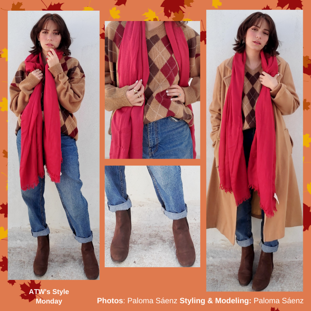 Outfit inspired by the Upstate Escape scene in All Too Well: The Short Film with blue jeans, suede booties, argyle sweater, red scarf, and camel coat