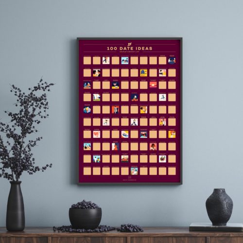 Poster with scratch off squares and the text 100 Date Ideas at the top