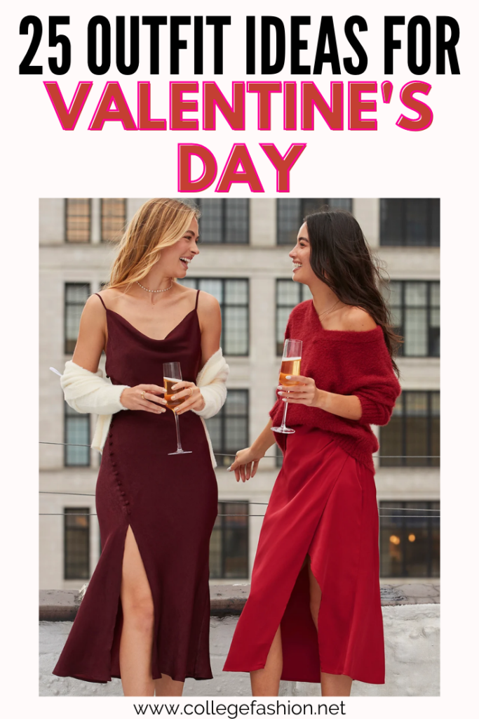 Header graphic for 25 cute valentine's day outfits, with a photo of two women wearing red dresses and holding champagne