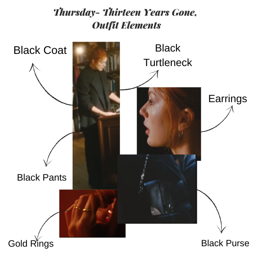 Taylor Swift outfit from All Too Well: The Short Film, during the Thirteen Years Gone scene, where she is wearing a black coat, black turtleneck, gold earrings, a black purse, and gold rings