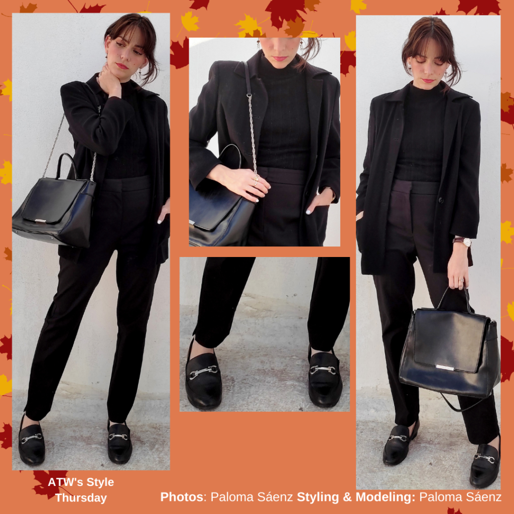 Taylor Swift inspired outfit from All Too Well with black pants, black jacket, black turtleneck, black purse, and black loafers