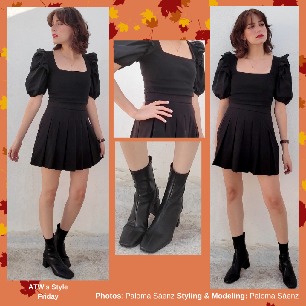Outfit inspired by All Too Well: The Short Film with black dress, ankle boots, and red lipstick
