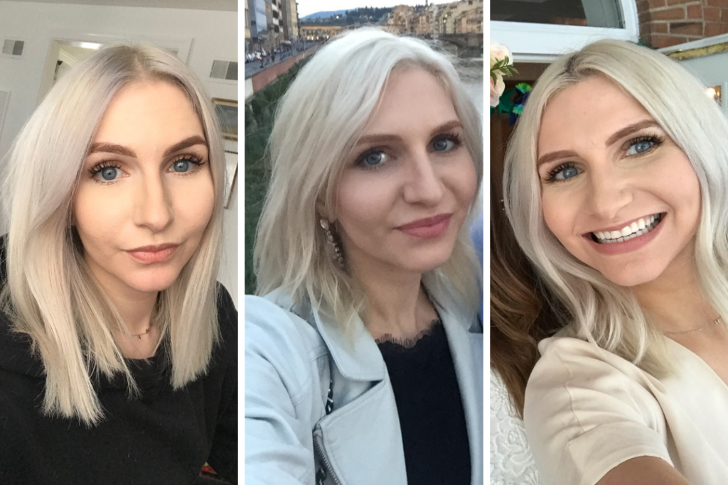 Three photos of the author with platinum blonde bleached hair