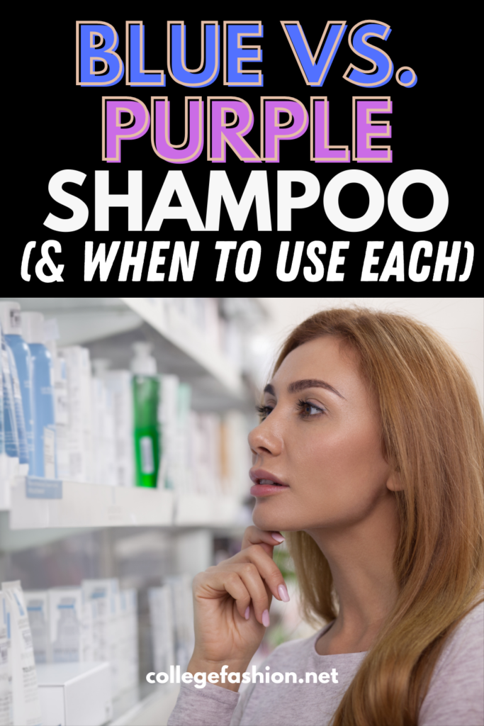 Photo of a woman deciding between blue vs purple shampoo