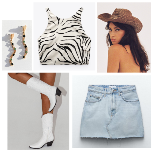Country concert outfit with denim skirt, white cowboy boots, zebra print crop top, cowboy hat, gold earrings