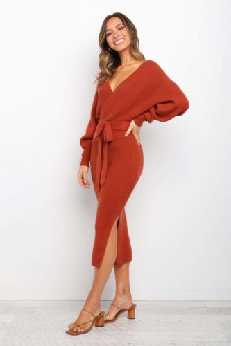 Cozy red midi sweater dress and brown strappy heels outfit