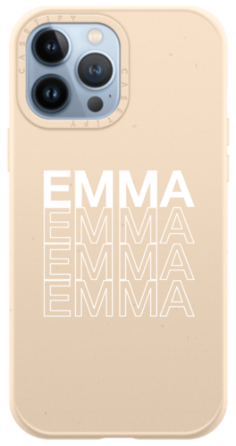 Custom beige casetify phone case with the name Emma written four times in white