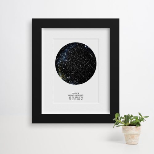 Custom print of the night sky on a certain date with the date, place, and gps coordinates written below it