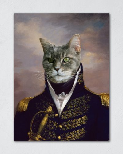 Customized renaissance pet portrait of a cat in an admirals jacket with a sword