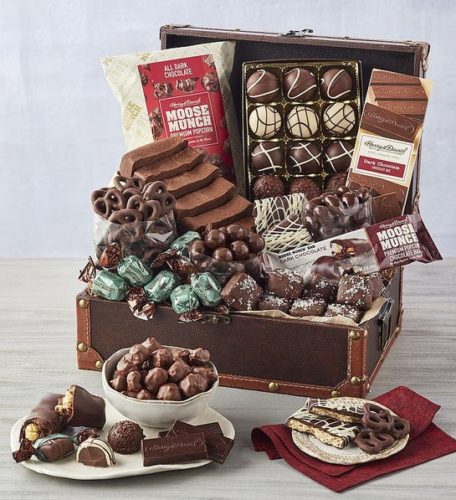 Deluxe chest of chocolate treats from Harry and David with Moose Munch, belgian truffles, chocolate cake, chocolate covered pretzels, and more